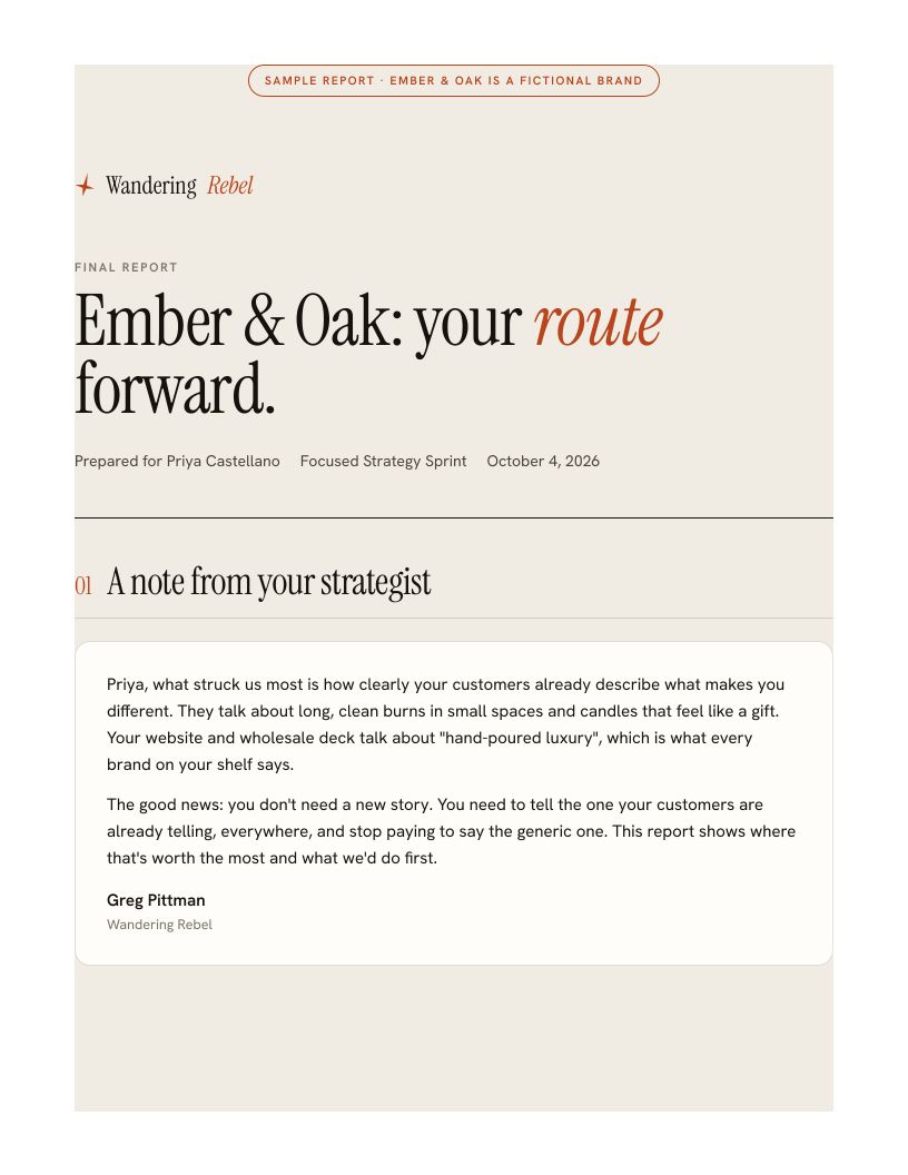 Cover of a sample Wandering Rebel final report for Ember & Oak, a fictional candle brand